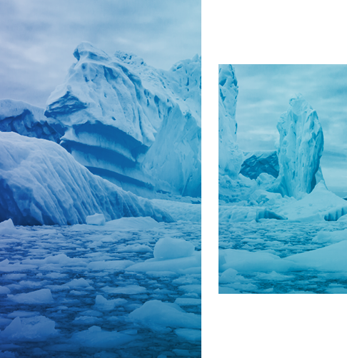 Icebergs se brisant sur l'océan. 