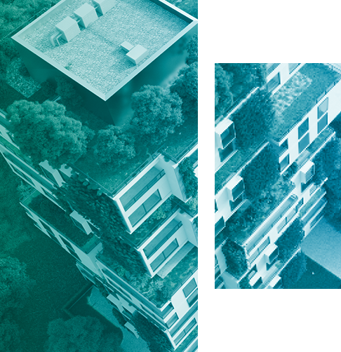 Vue aérienne d’un immeuble d’habitation à plusieurs étages avec un toit vert 